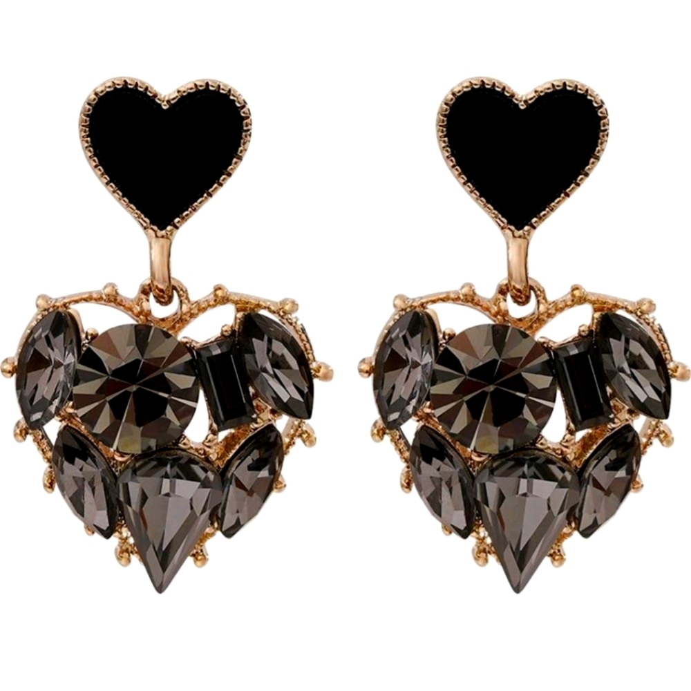 Trendy Grey Crystal Love Heart DANGLE Earrings